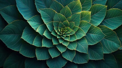 Fototapeta premium Close-up of lush green leaves forming a captivating natural spiral, with detailed veins and a beautiful gradient of teal, emerald, and golden-edged foliage.