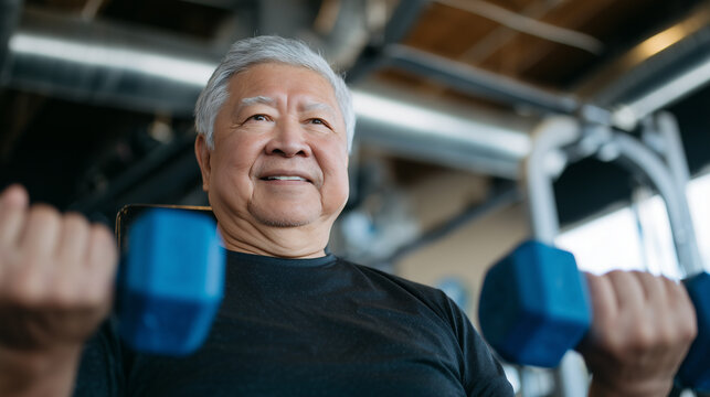 Elderly Asian man seated on gym bench performing dumbbell raises, bright blue weights contrasting against industrial metallic gym setting, mood of perseverance