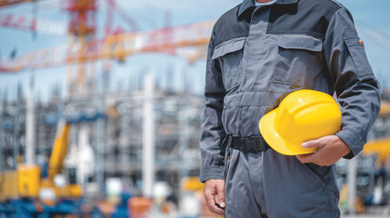 Worker in gray protective clothing holding yellow hard hat firmly at the waist, background filled with high-rise framework, safety nets, and industrial machinery