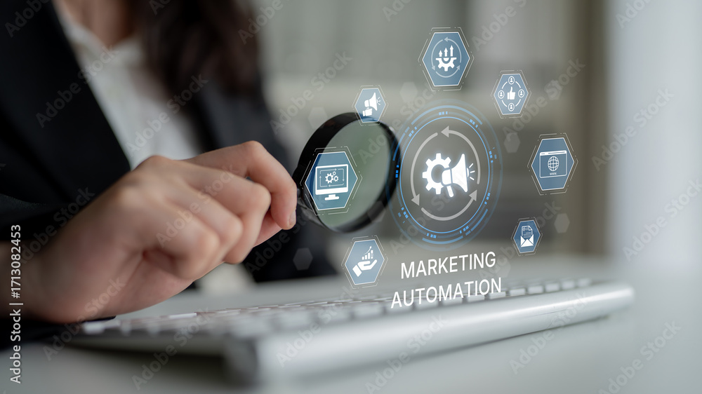 Poster marketing automation diagram showcase ai-driven campaign workflow, highlight marketing automation, d