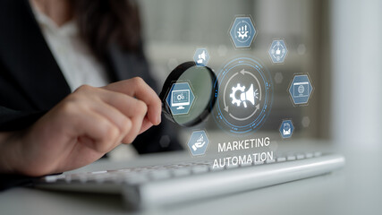 Marketing automation diagram showcase AI-driven campaign workflow, highlight marketing automation,...