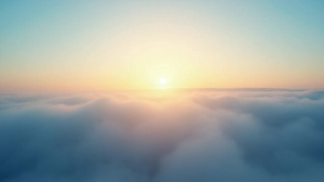 Aerial view. The drone flies over foggy and fluffy clouds. Blue sky sun and sea fog. Abstract aerial nature summer ocean sunset sea and sky background. Vacation, vacation and holiday concept