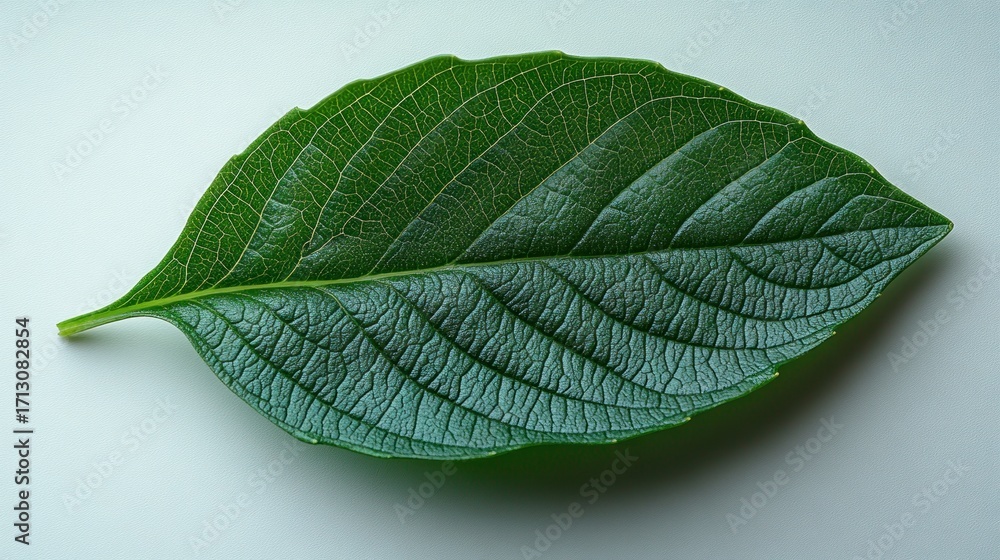 Poster macro shot of a vibrant green leaf revealing intricate vein patterns and textured surface on a clean