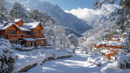 Stunning winter landscape with cozy wooden cabins and chalets nestled in a snow-covered mountain valley, under a clear blue sky with majestic, snow-capped peaks.