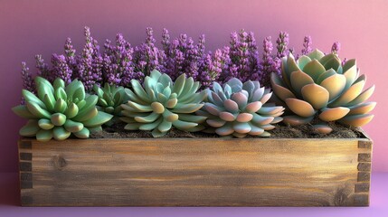 Vibrant Succulents and Purple Flowers in a Wooden Planter Against a Textured Mauve Wall, Perfect for Home Decor