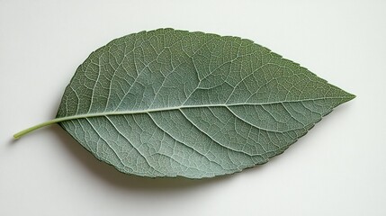 Detailed Macro Close-up of a Vibrant Green Leaf with Intricate Veins on a Clean White Textured Background