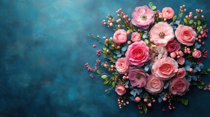Elegant arrangement of pink roses, anemones, and berries with lush foliage, beautifully set on a deep teal textured background, top view.
