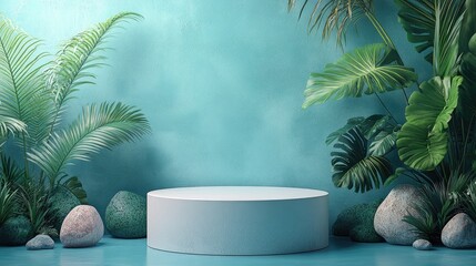 Modern White Pedestal Display with Lush Tropical Plants and Natural Stones on Textured Teal Background for Product Showcase