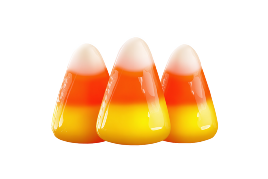 Three glossy candy corns isolated on white transparent background