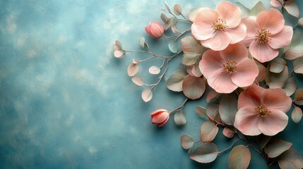 Soft Pink Flowers and Botanical Leaves on Textured Teal Background - Elegant Floral Art for Spring and Serene Themes