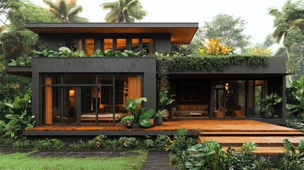 Modern Tropical Home Exterior with Lush Greenery, Dark Facade, Wooden Deck, and Warm Interior Lighting
