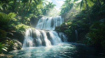 Vibrant Multi-Tiered Waterfall Cascading Through a Sunlit Tropical Rainforest with Lush Green Foliage and Palm Trees, Creating a Serene and Refreshing Natural Landscape
