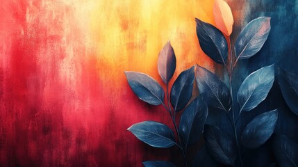 Vibrant Abstract Botanical Art with Contrasting Red, , Yellow, and Blue Textured Background and Stylized Foliage
