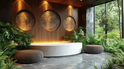 Modern Tropical Interior Design with Lush Greenery, Wood Paneling, Circular Stone Art, and a Serene Forest View