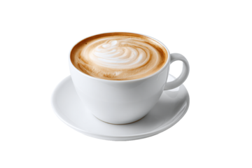 Hot cappuccino coffee with latte art in white mug and saucer, isolated on white transparent background