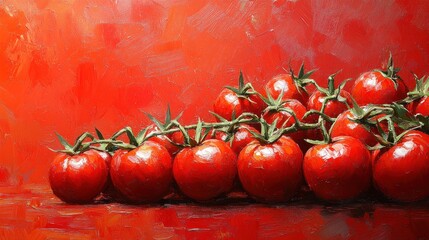 Vibrant Still Life Oil Painting of Ripe Red Cherry Tomatoes on a Vine against a Textured Red Background with Expressive Impasto Brushstrokes