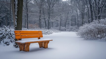 Vibrant Wooden Bench Covered in Snow in a Tranquil Winter Forest Park Scene