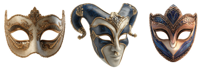 Set of A decorative Mardi Gras mask with gold trim and purple accents on transparent png background. Ai generated