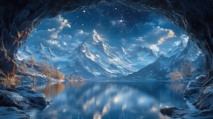 Mystical Winter Night: Panoramic View of Snow-Capped Mountains and a Serene Lake Under a Starry Sky, Seen from a Grotto with Golden Autumnal Trees