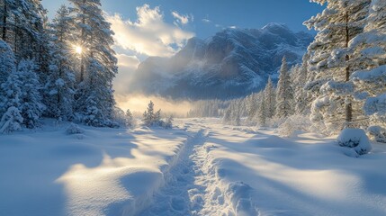Majestic winter wonderland scene with snow-covered pine trees, towering mountains, and a winding path illuminated by golden sunlight through a frosty forest.