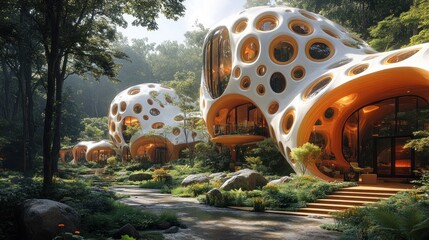Futuristic Organic Architecture: Serene Forest Retreat with Unique Pod Homes and Stream