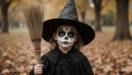 A Little Witch Girl With Jack O Lantern Face Paint Holding Broom In Autumn Park