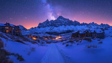 Majestic Alpine Winter Night: Snow-Capped Mountains, Illuminated Village, and Winding Path Under a Vibrant Starry Sky with the Milky Way