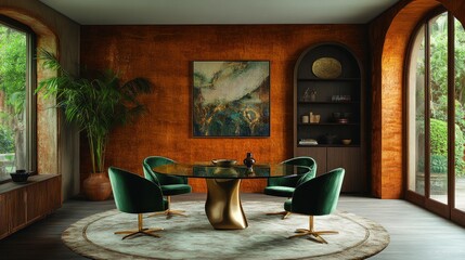 Luxurious Modern Dining Room with Emerald Velvet Chairs, Golden Accents, Textured Walls, and Lush Garden Views