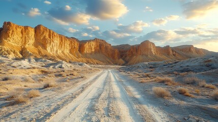 Vast Desert Landscape with Rugged Golden Cliffs and Remote Dirt Road Under a Cloudy Sky at Golden Hour