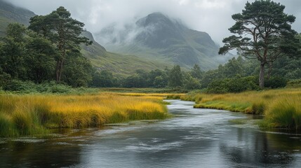 Misty Mountain Landscape with Winding River and Golden Grass in the Scottish Highlands