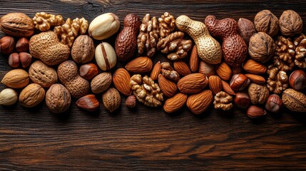 An exquisite top-down view of a rich assortment of healthy raw nuts including walnuts, almonds, peanuts, hazelnuts, and cashews, beautifully arranged on a rustic dark wooden surface, highlighting thei