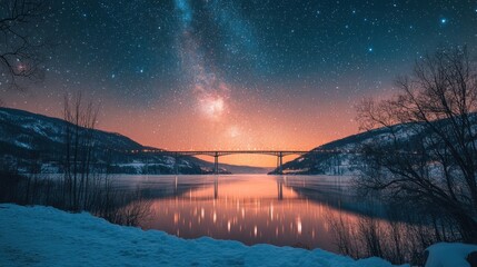 Magical Winter Night: Stars, Milky Way, and Bridge Reflected on Icy Water with Snow-Covered Mountains and Bare Trees