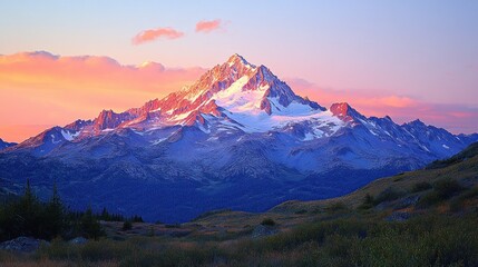 Majestic Mountain Range Glowing at Sunrise or Sunset with Vibrant Pink and Blue Sky