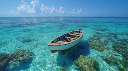 Weathered Wooden Boat Drifting on Crystal Clear Turquoise Ocean with Visible Coral Reef and Sunny Sky