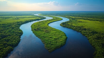Aerial view of a winding river with a lush green island, flowing through a vibrant landscape under a golden sky at sunrise or sunset.
