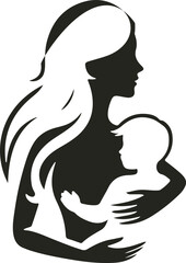 A heartwarming vector logo showing a mother gently holding her baby, symbolizing love, care, and maternal bond with soft curves and minimal design.