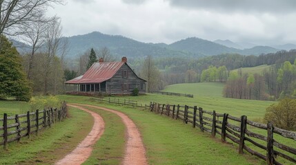 Rustic Log Cabin with Red Metal Roof, Dirt Road, and Split-Rail Fence in a Serene Early Spring Mountain Landscape