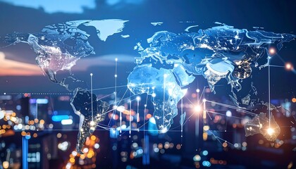 An illuminated world map overlayed on a cityscape, suggesting global connections and data flow. Blue and orange lights