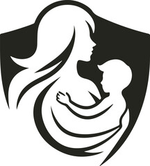 A heartwarming vector logo showing a mother gently holding her baby, symbolizing love, care, and maternal bond with soft curves and minimal design.
