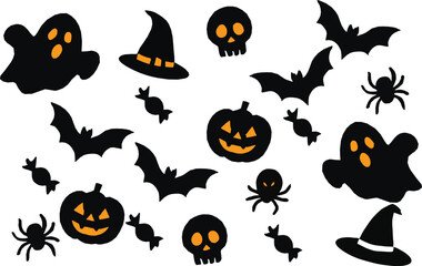 Spooky Halloween Clipart with Ghosts, Pumpkins, Skulls, Bats, Spiders, Witch Hat and Candy, Horror Night Party Illustration on White Background