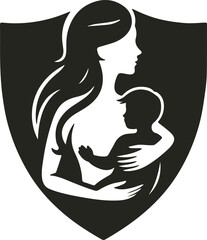 A heartwarming vector logo showing a mother gently holding her baby, symbolizing love, care, and maternal bond with soft curves and minimal design.