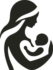 A heartwarming vector logo showing a mother gently holding her baby, symbolizing love, care, and maternal bond with soft curves and minimal design.