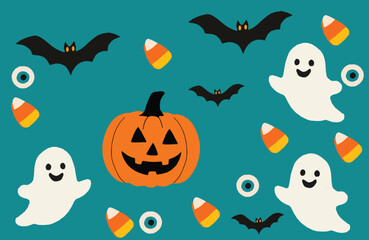 Cute Halloween Background with Pumpkin, Ghosts, Bats, Candy Corn, Spooky Cartoon Pattern, Funny Horror Night Party Illustration on Blue Background