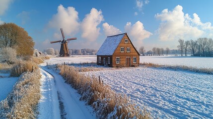 Picturesque winter landscape with a traditional wooden house, Dutch windmill, and snowy fields under a clear blue sky.