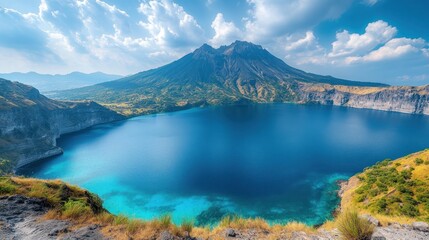 Breathtaking panoramic view of a majestic volcanic caldera lake with a central active cone, surrounded by steep cliffs and vibrant clear blue water under a bright, cloudy sky.