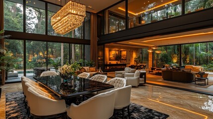Opulent Modern Home Interior with Dining and Living Areas, a Grand Chandelier, and Floor-to-Ceiling software Framing a Lush Tropical Forest View at Night