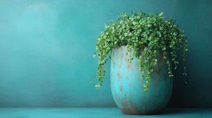 Cascading Green Plant in Textured Teal Pot on Matching Aqua Background, Minimalist Home Decor