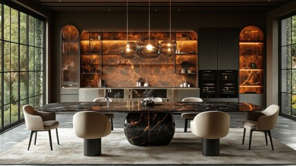 Luxurious Modern Kitchen and Dining Room with Black Marble Table, Contemporary Chairs, and Warm Ambient Lighting Amidst Panoramic Nature Views