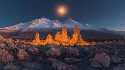 Naklejka premium Majestic Moonlit Landscape with Unique Rock Formations and Snow-Capped Mountains Under a Starry Night