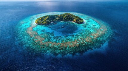 Aerial view of a stunning tropical island with a vibrant coral reef in clear turquoise ocean water, showcasing pristine marine beauty from above